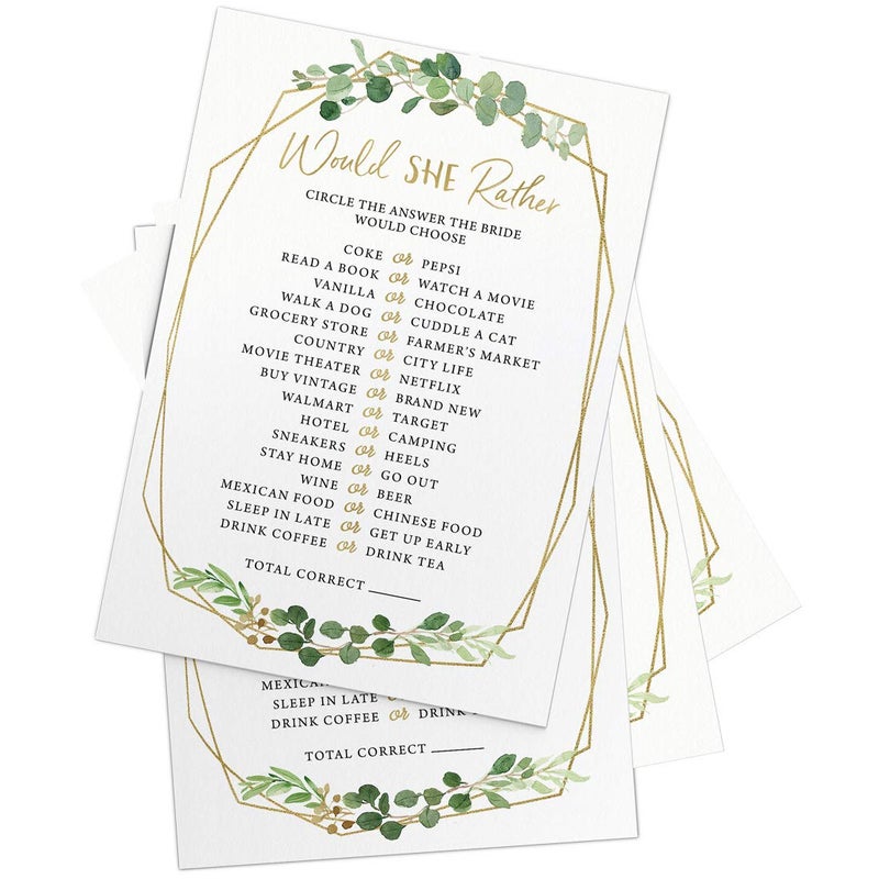 Printed Party Bridal Shower Games â€“ Would She Rather Game with Fun Bride-to-Be Trivia, Wedding Shower Activity, Botanical Greenery Theme, 50 Guests - Image 3